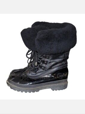 Coach Lenora Black Winter Boots Faux Fur Poppy Patent Leather Womens Size 5